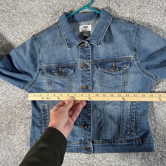 Old Navy Denim Jacket Girls XL 14 Blue Stretch Jean Trucker Button Front Pockets - Picture 3 of 12